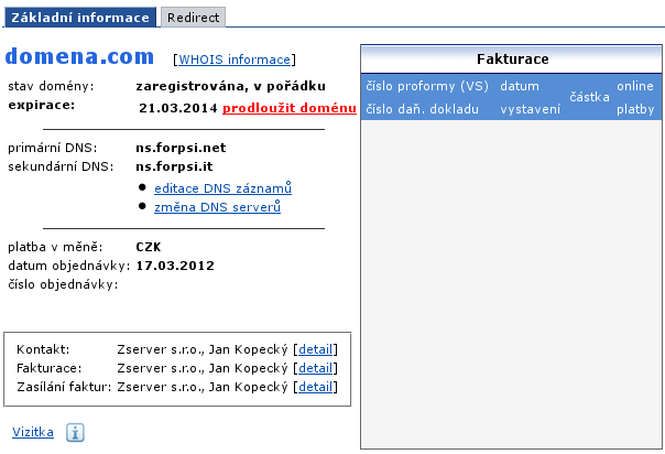 Forpsi - nastavení DNS u domén - editace domény