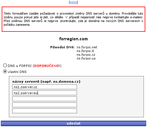 Forpsi - nastavení DNS u domén - vložení adres DNS serverů