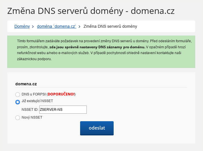 Forpsi - nastavení NSSET u .cz domén - zadání NSSETu